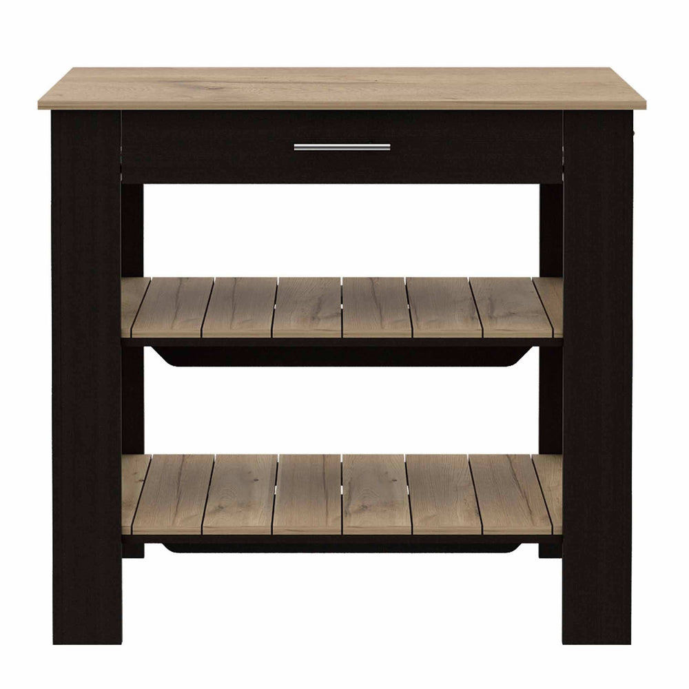 Light Oak and Black Kitchen Island with Drawer and Two Open Shelves - Homeroots - Flyclothing LLC