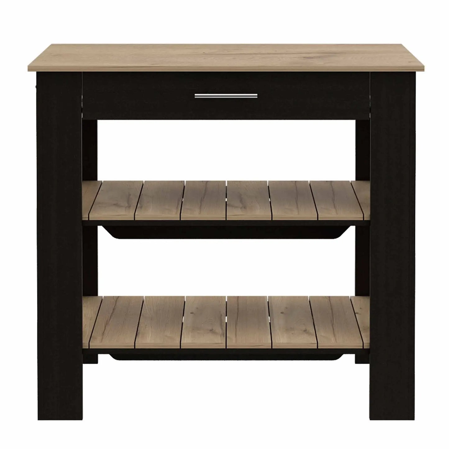 Light Oak and Black Kitchen Island with Drawer and Two Open Shelves - Homeroots - Flyclothing LLC