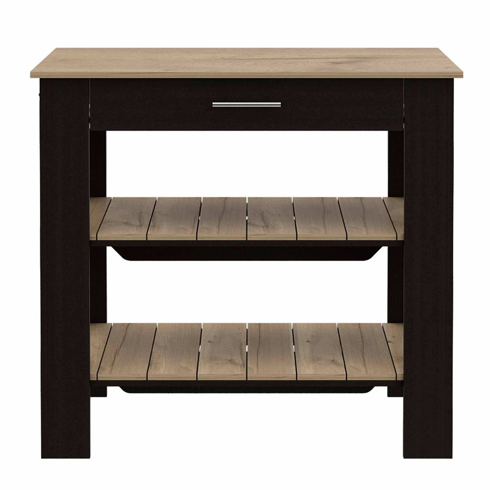 Light Oak and Black Kitchen Island with Drawer and Two Open Shelves - Homeroots - Flyclothing LLC