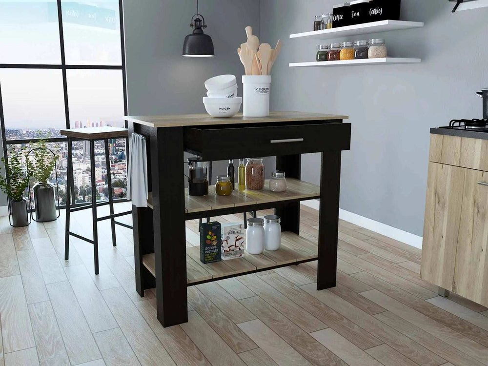 Light Oak and Black Kitchen Island with Drawer and Two Open Shelves - Homeroots - Flyclothing LLC