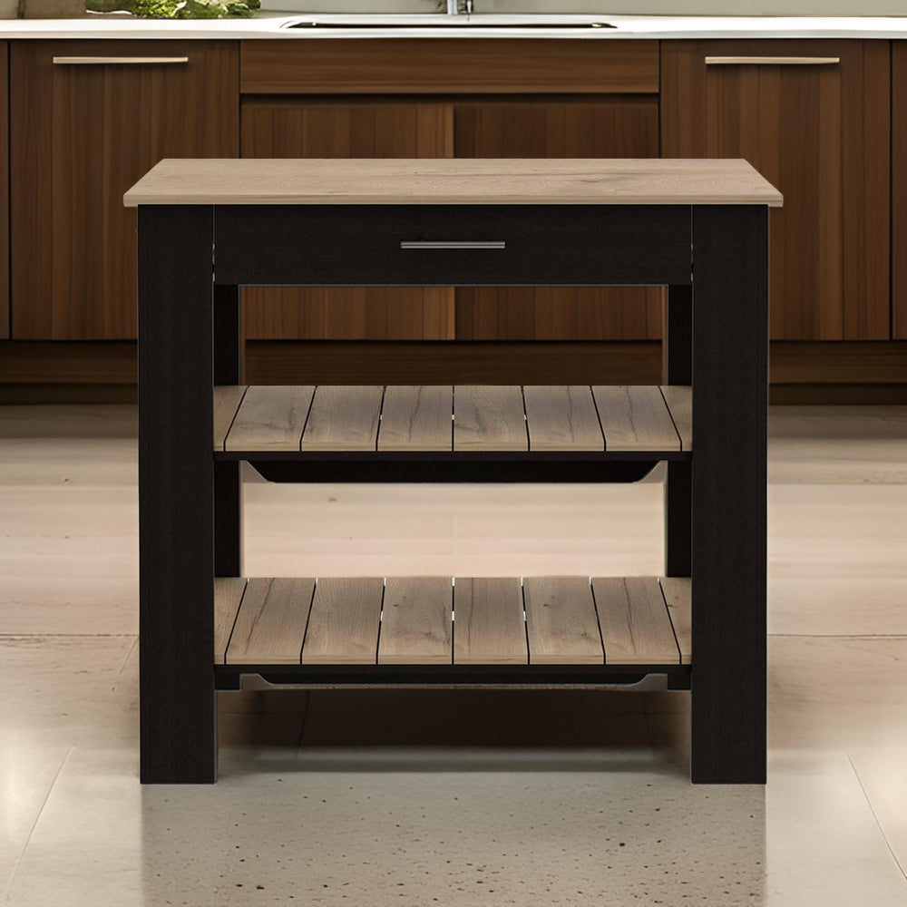 Light Oak and Black Kitchen Island with Drawer and Two Open Shelves - Homeroots