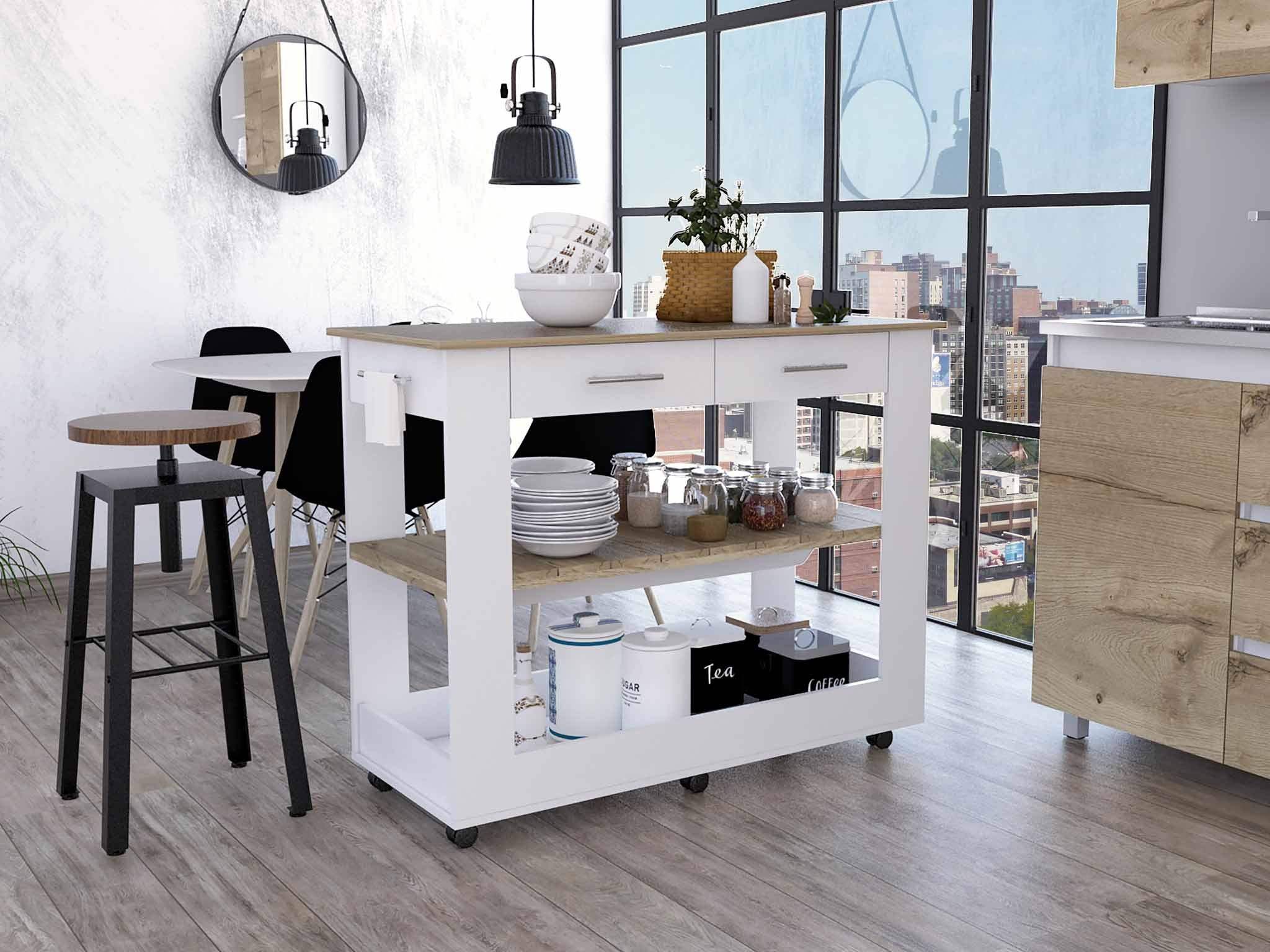 Light Oak and White Kitchen Island with Drawer Shelves and Casters - Homeroots - Flyclothing LLC