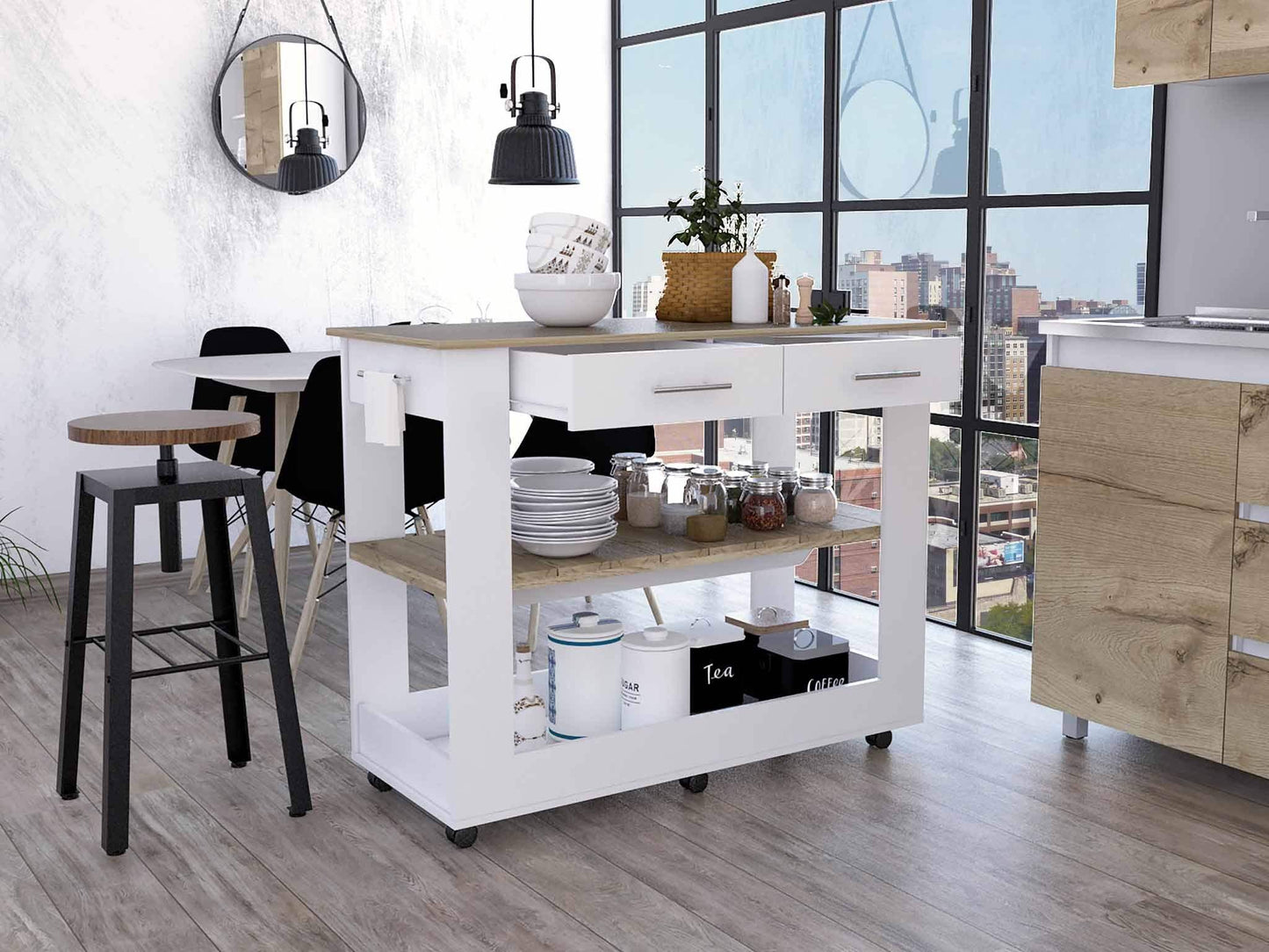 Light Oak and White Kitchen Island with Drawer Shelves and Casters - Homeroots - Flyclothing LLC