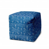 17" Blue and White Polyester Cube Damask Outdoor Pouf Ottoman - Homeroots