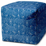 17" Blue and White Polyester Cube Damask Outdoor Pouf Ottoman - Homeroots