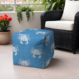 17" Blue and White Polyester Cube Crab Outdoor Pouf Ottoman - Homeroots