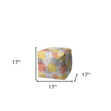17" Yellow Gray and White Polyester Cube Floral Outdoor Pouf Ottoman - Homeroots
