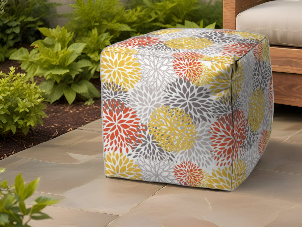17" Yellow Gray and White Polyester Cube Floral Outdoor Pouf Ottoman - Homeroots