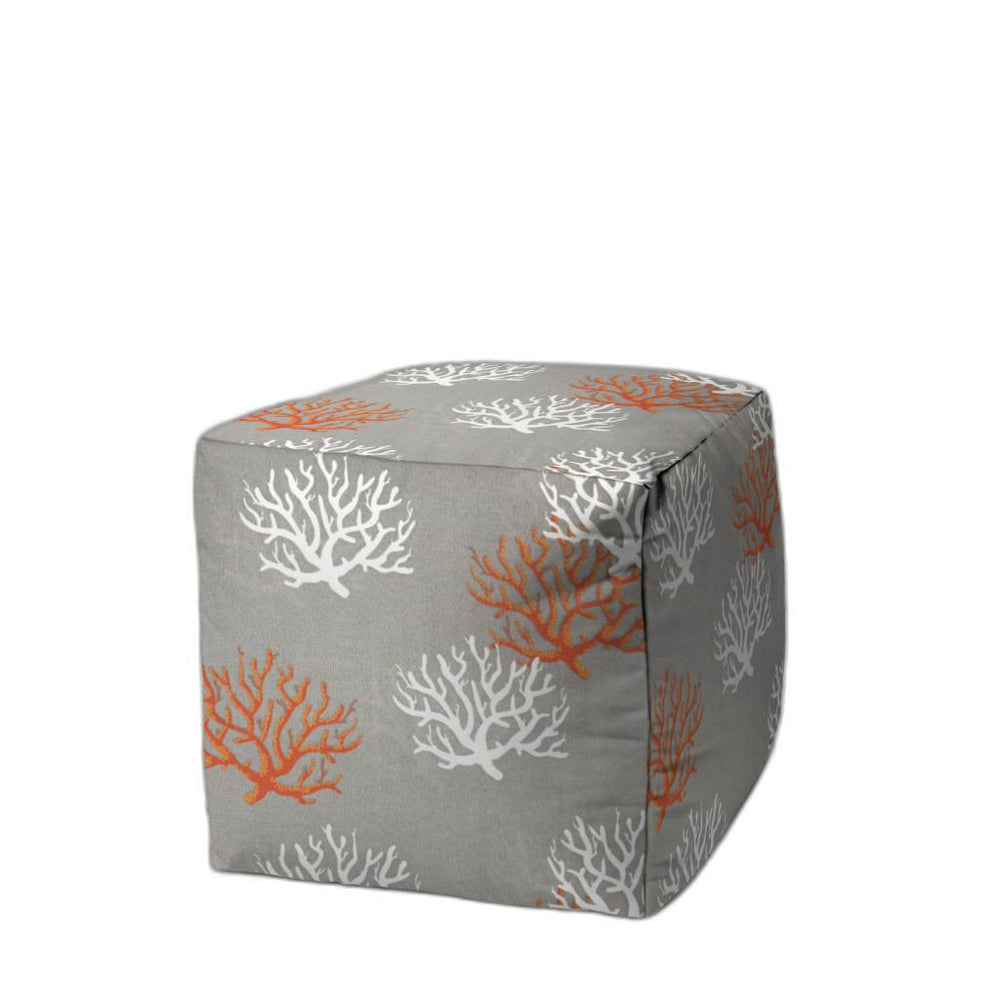 17" Gray White and Orange Polyester Cube Coral Outdoor Pouf Ottoman - Homeroots