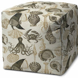 17" Taupe Gray and Beige Polyester Cube Coastal Outdoor Pouf Ottoman - Homeroots