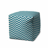 17" Turquoise and White Polyester Cube Chevron Outdoor Pouf Ottoman - Homeroots