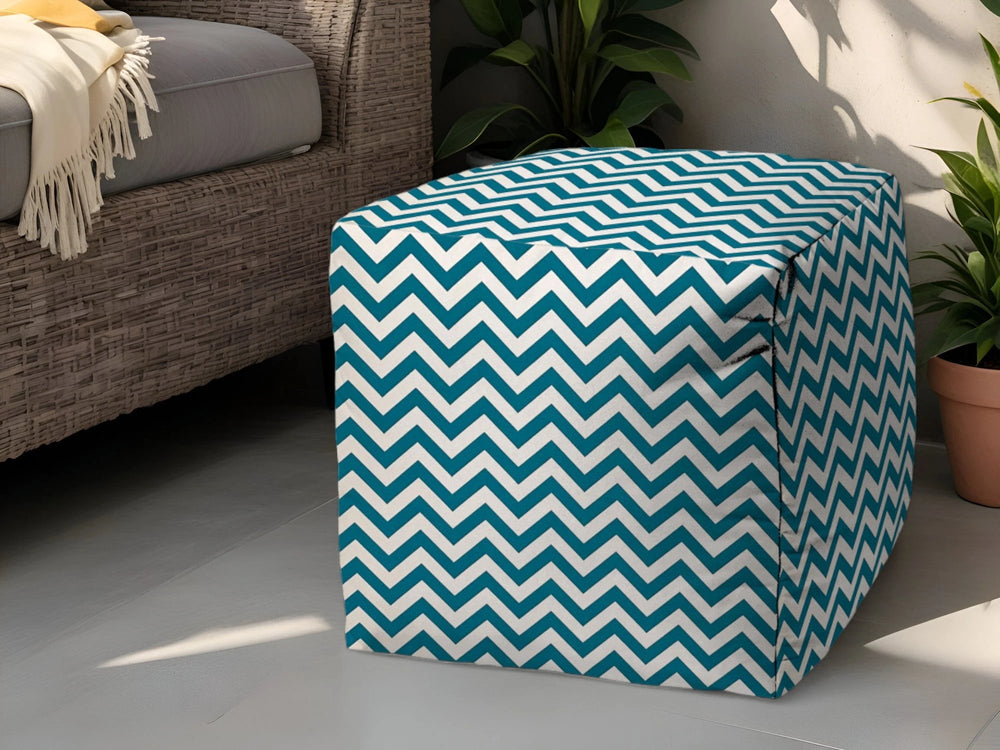 17" Turquoise and White Polyester Cube Chevron Outdoor Pouf Ottoman - Homeroots