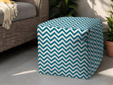 17" Turquoise and White Polyester Cube Chevron Outdoor Pouf Ottoman - Homeroots