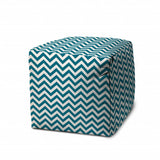 17" Turquoise and White Polyester Cube Chevron Outdoor Pouf Ottoman - Homeroots
