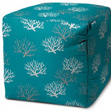 17" Turquoise White and Gray Polyester Cube Coral Outdoor Pouf Ottoman - Homeroots
