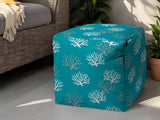 17" Turquoise White and Gray Polyester Cube Coral Outdoor Pouf Ottoman - Homeroots