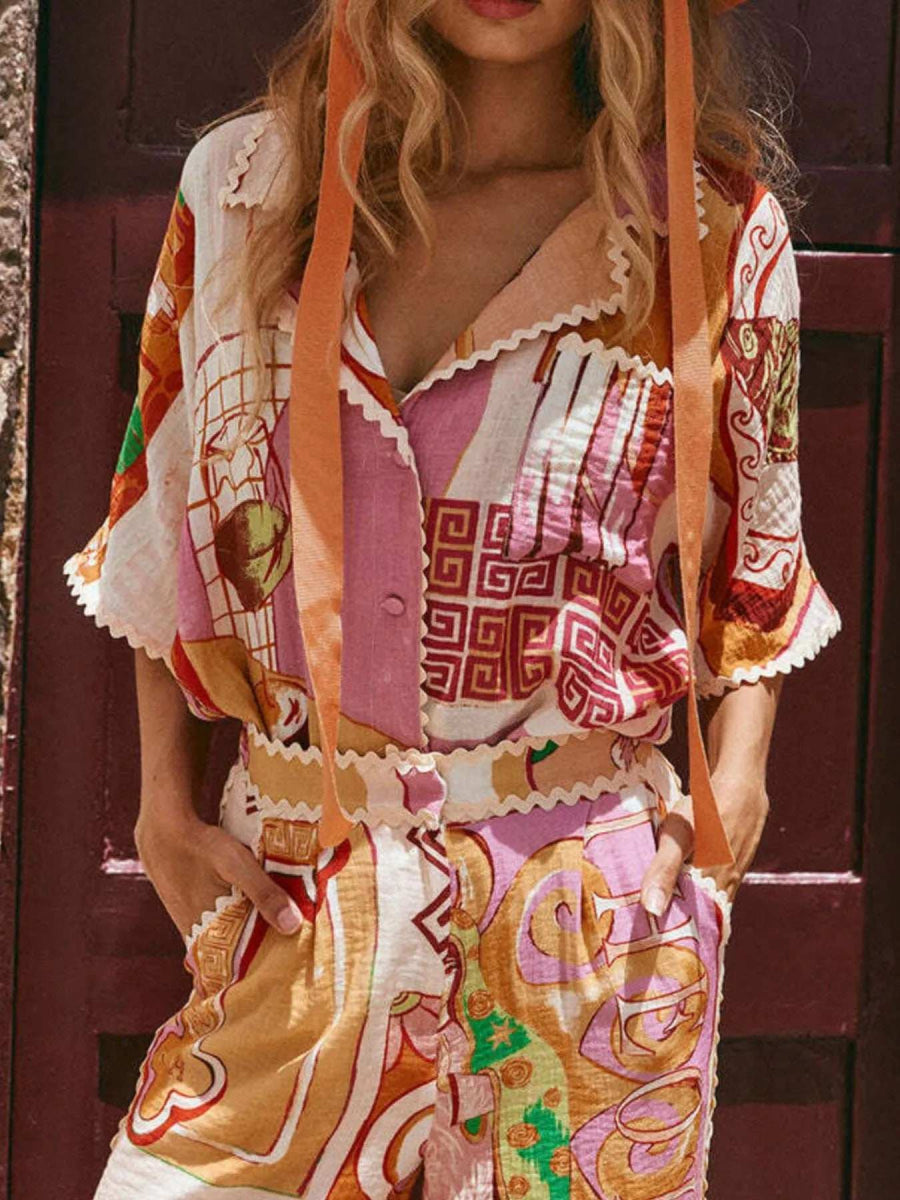 Printed Button Up Shirt and Shorts Set - Trendsi