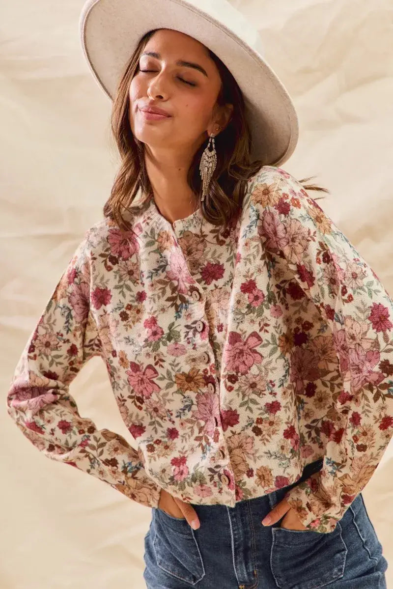 SO ME Floral Print Button Front Sweater Cardigan - Trendsi - Flyclothing LLC