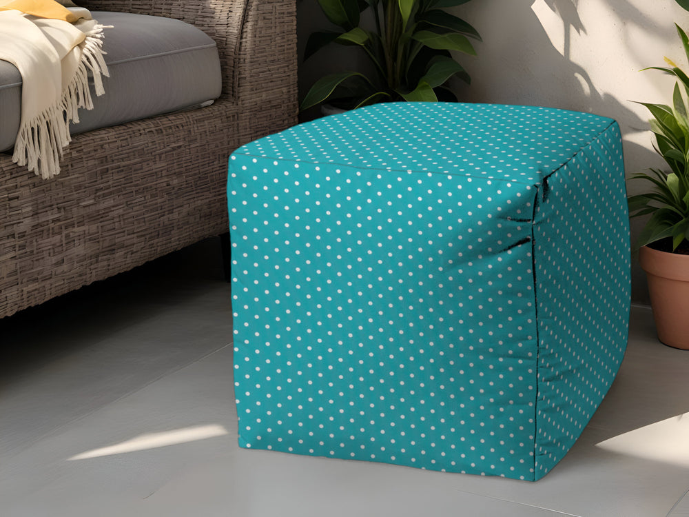 17" Turquoise Polyester Cube Polka Dots Indoor Outdoor Pouf Ottoman - Homeroots
