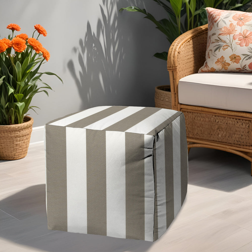17" Taupe Polyester Cube Striped Indoor Outdoor Pouf Ottoman - Homeroots