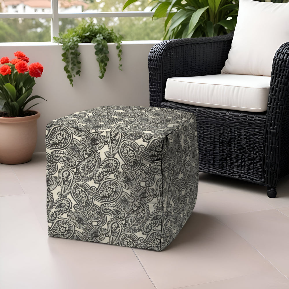 17" Gray Polyester Cube Paisley Indoor Outdoor Pouf Ottoman - Homeroots