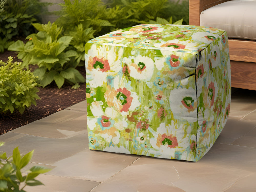 17" Green Polyester Cube Floral Indoor Outdoor Pouf Ottoman - Homeroots