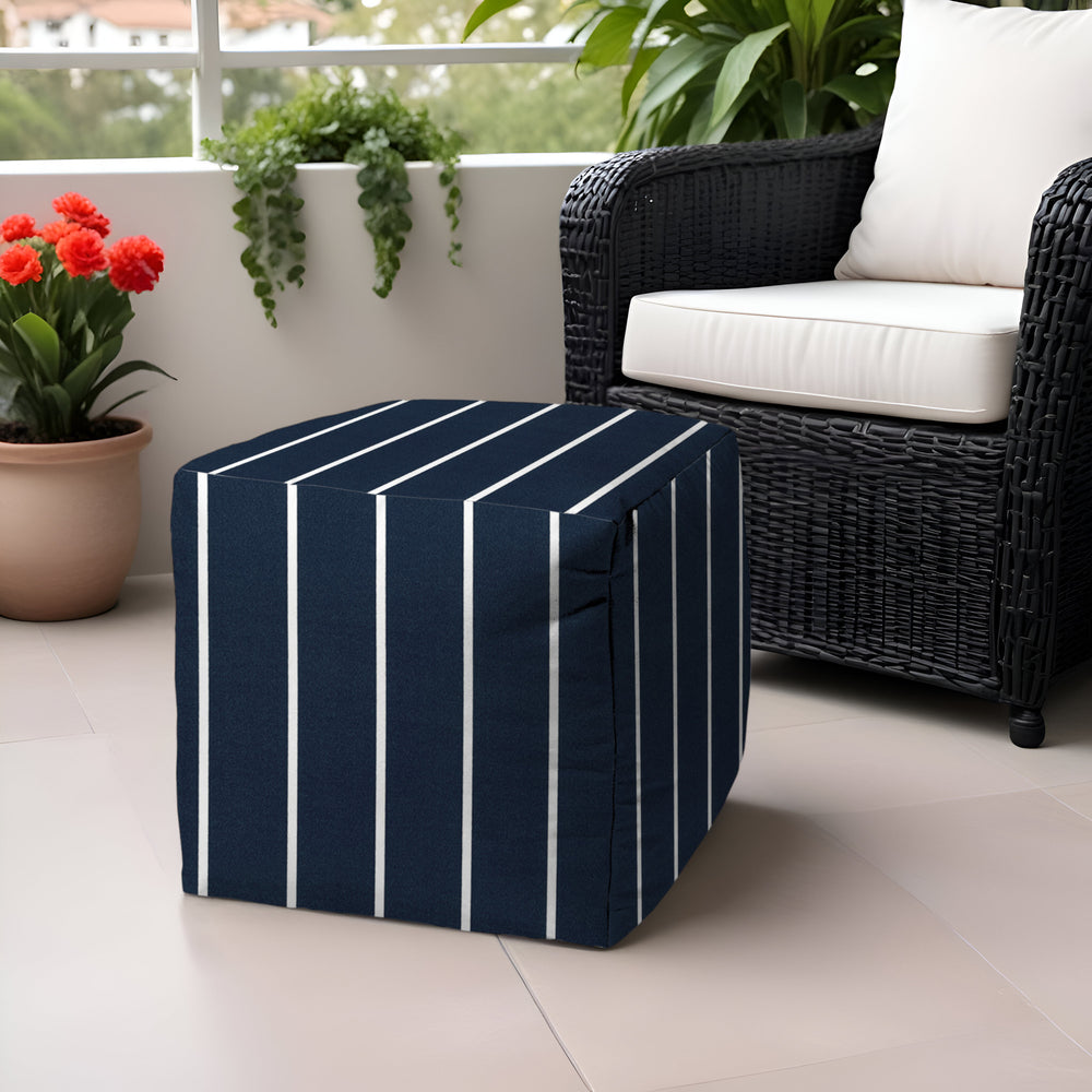17" Blue Polyester Cube Striped Indoor Outdoor Pouf Ottoman - Homeroots