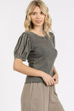 Mittoshop Mineral Wash Puff Sleeve Rib Knit Top - Trendsi