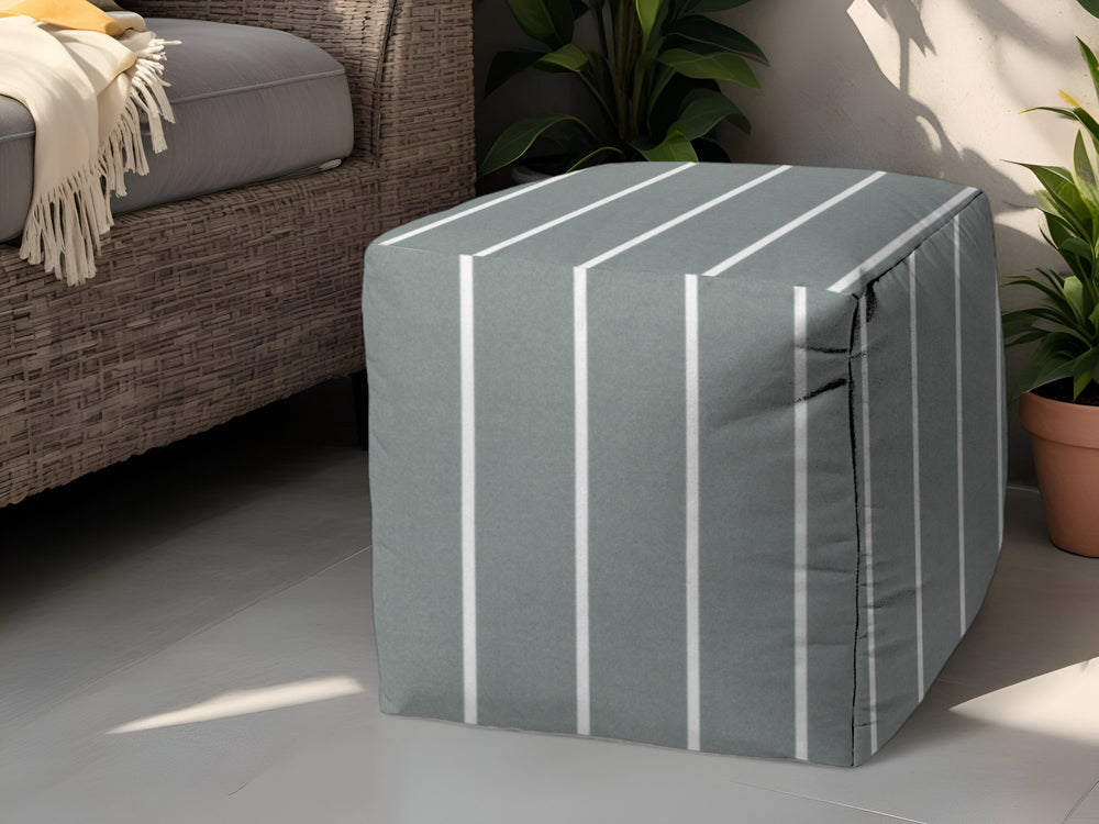 17" Gray Polyester Cube Striped Indoor Outdoor Pouf Ottoman - Homeroots