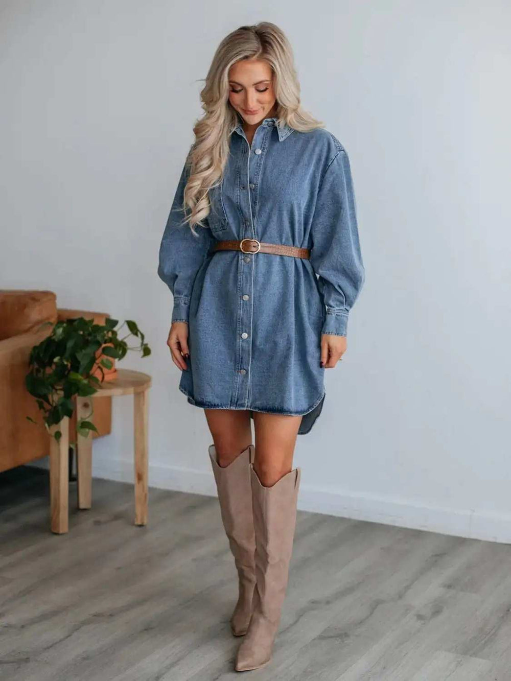 Button Up Collared Neck Long Sleeve Denim Dress - Trendsi - Flyclothing LLC