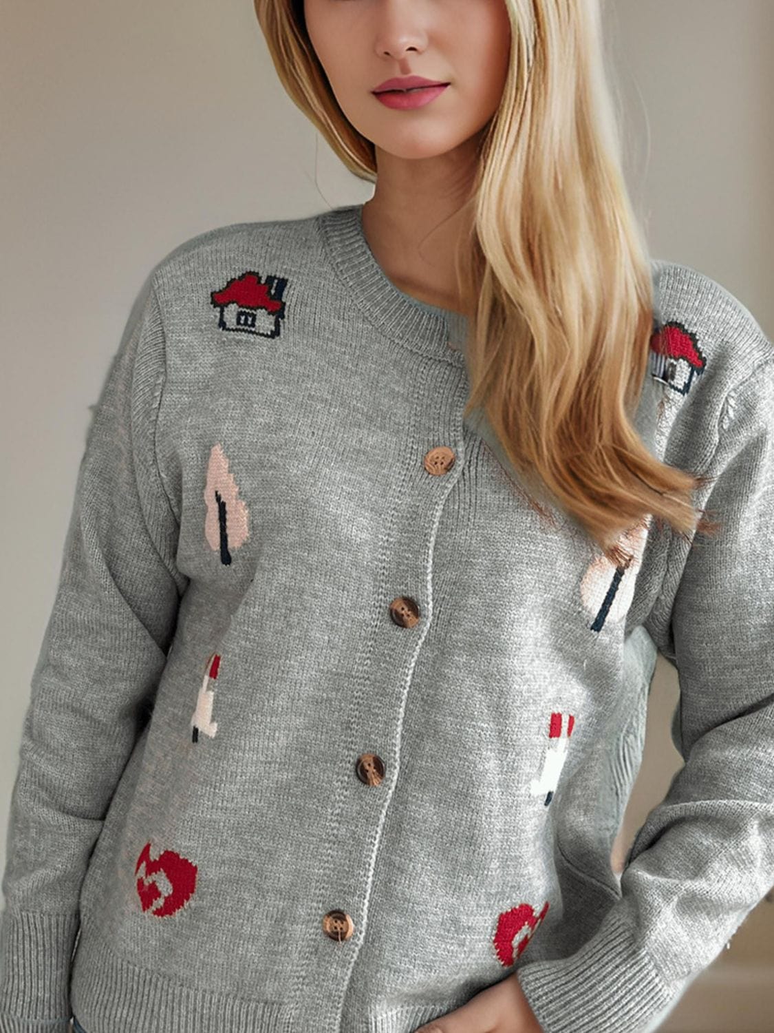 Button Up Round Neck Long Sleeve Cardigan - Trendsi