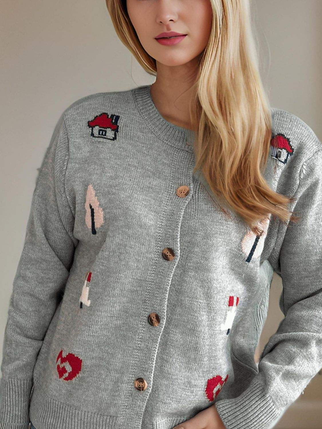 Button Up Round Neck Long Sleeve Cardigan - Trendsi - Flyclothing LLC