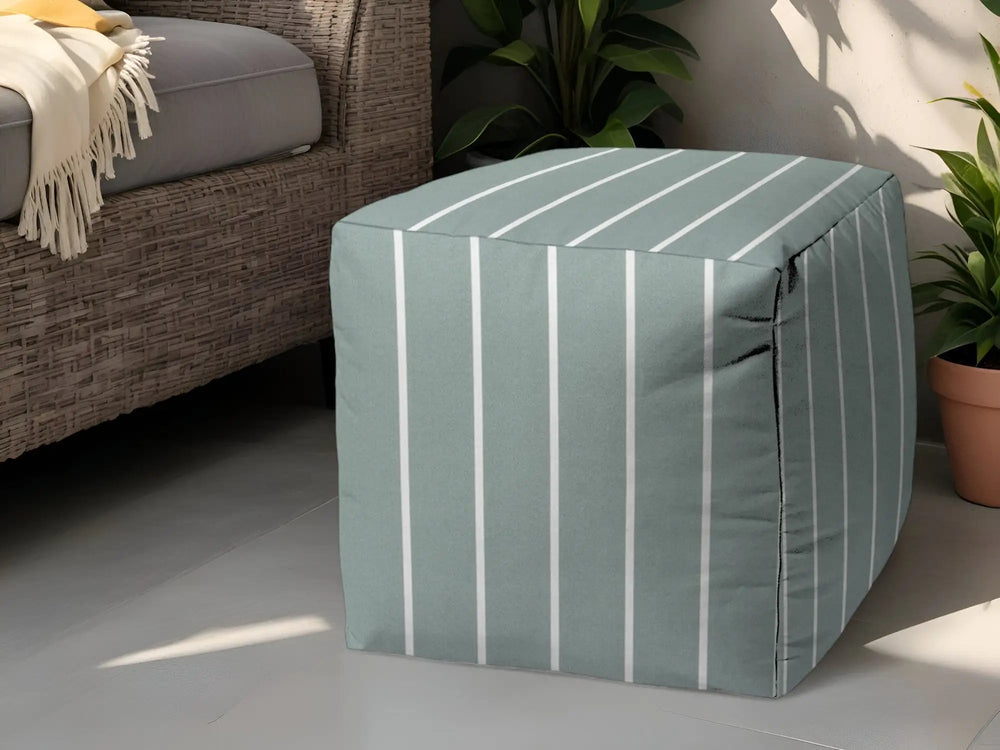 17" Blue Polyester Cube Striped Indoor Outdoor Pouf Ottoman - Homeroots