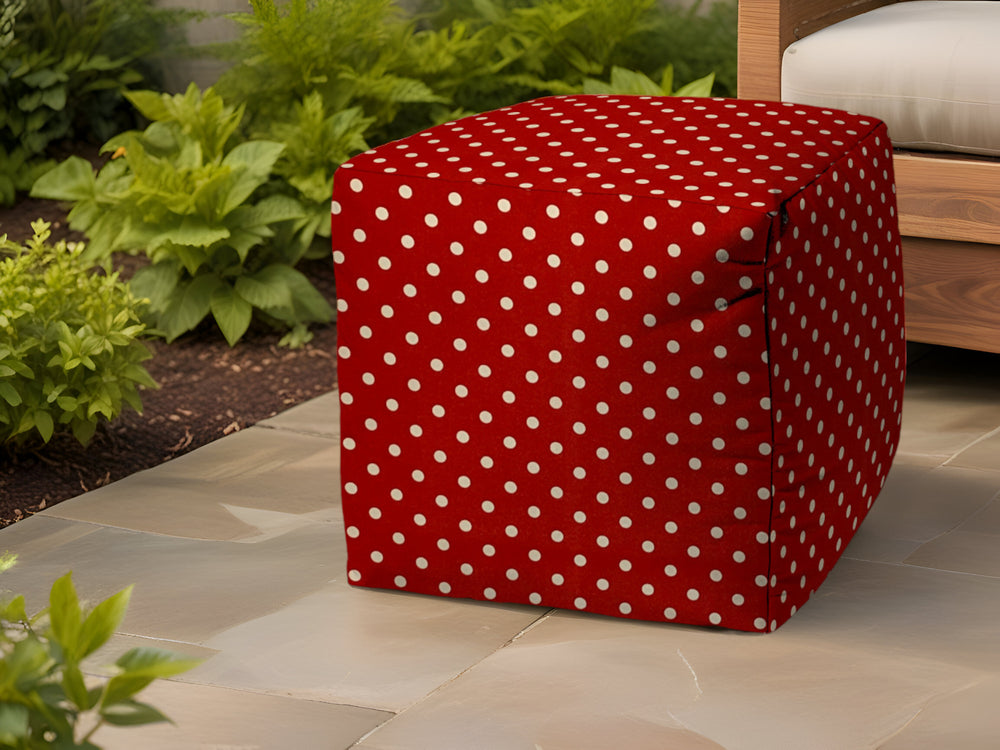 17" Red Polyester Cube Polka Dots Indoor Outdoor Pouf Ottoman - Homeroots