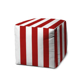 17" Red Polyester Cube Striped Indoor Outdoor Pouf Ottoman - Homeroots