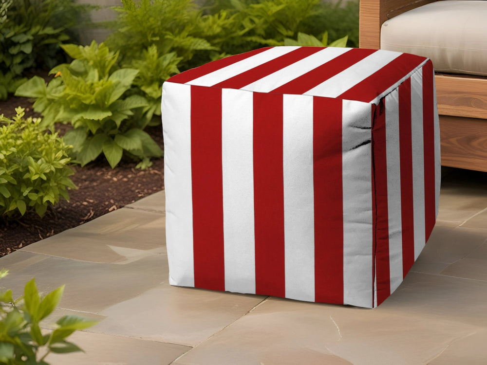 17" Red Polyester Cube Striped Indoor Outdoor Pouf Ottoman - Homeroots