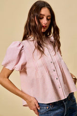 SO ME Gingham Lace Trim Button Bubble Sleeves Blouse - Trendsi - Flyclothing LLC