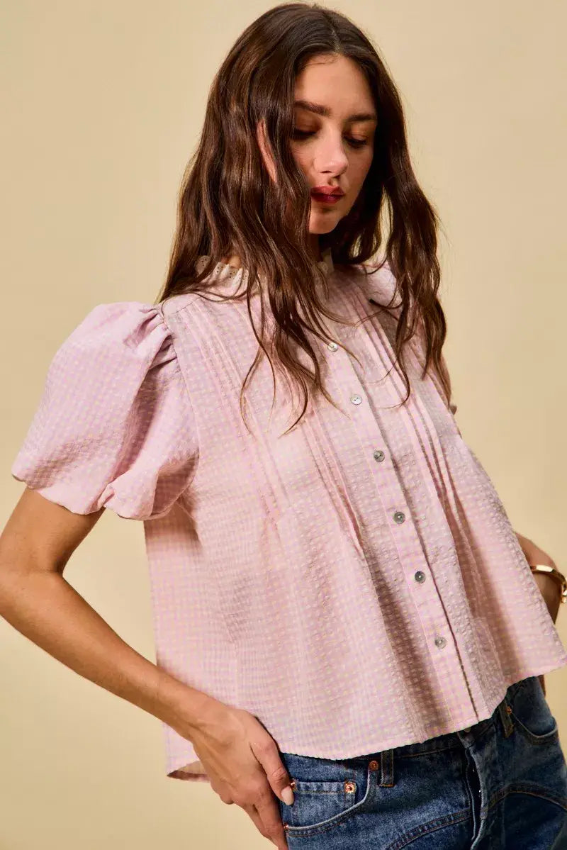 SO ME Gingham Lace Trim Button Bubble Sleeves Blouse - Trendsi - Flyclothing LLC