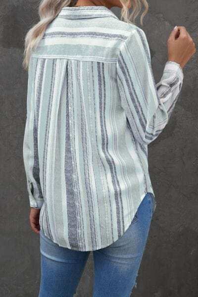 Striped Collared Neck Long Sleeve Shirt - Trendsi - Flyclothing LLC