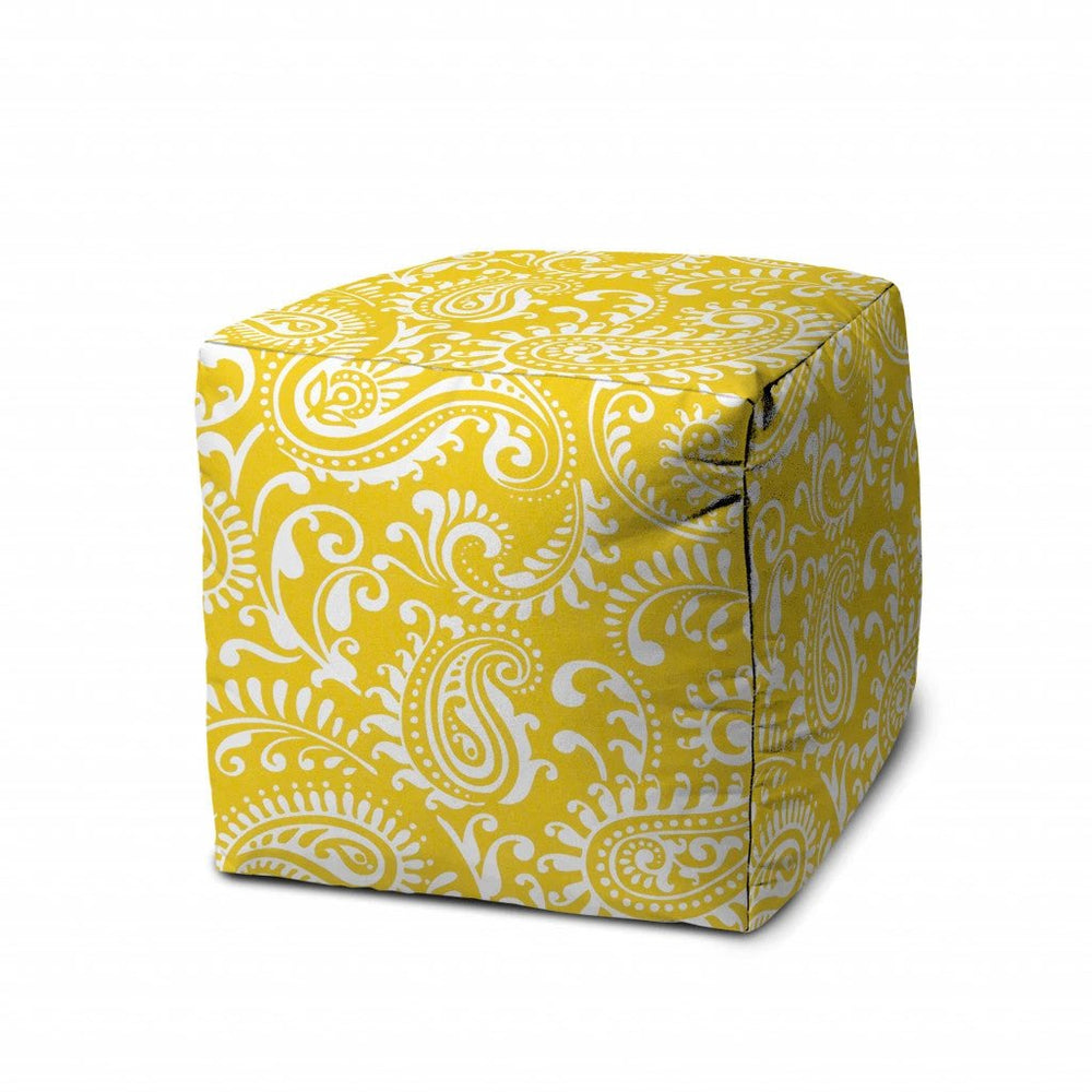 17" Yellow Cube Paisley Indoor Outdoor Pouf Cover - Homeroots