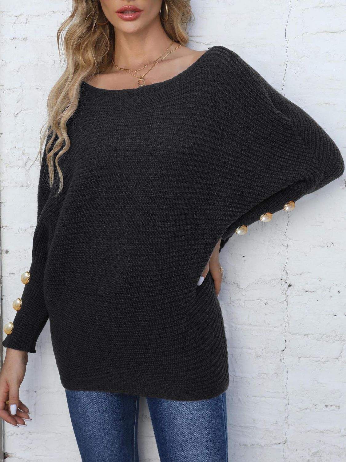 Full Size Boat Neck Long Sleeve Sweater - Trendsi - Flyclothing LLC