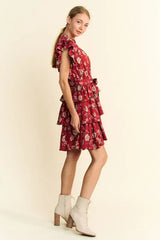 Davi & Dani Ruffle Flutter Sleeve Tie Belt Tiered Mini Dress - Trendsi - Flyclothing LLC