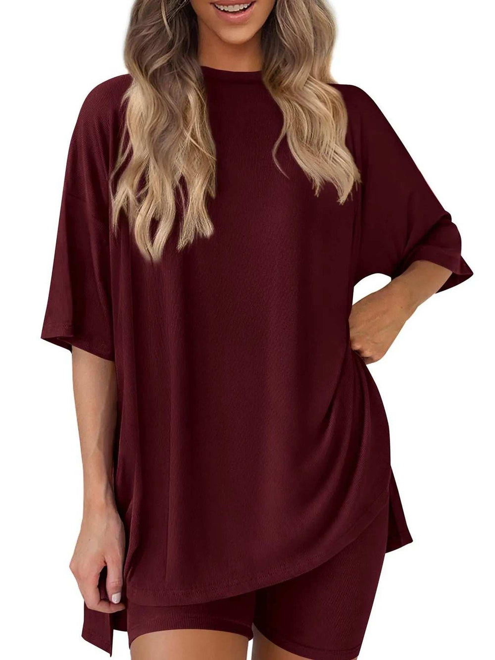 Full Size Oversized Round Neck Top and Shorts Set Plus Size - Trendsi - Flyclothing LLC