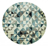8' Blue Round Geometric Area Rug - Homeroots
