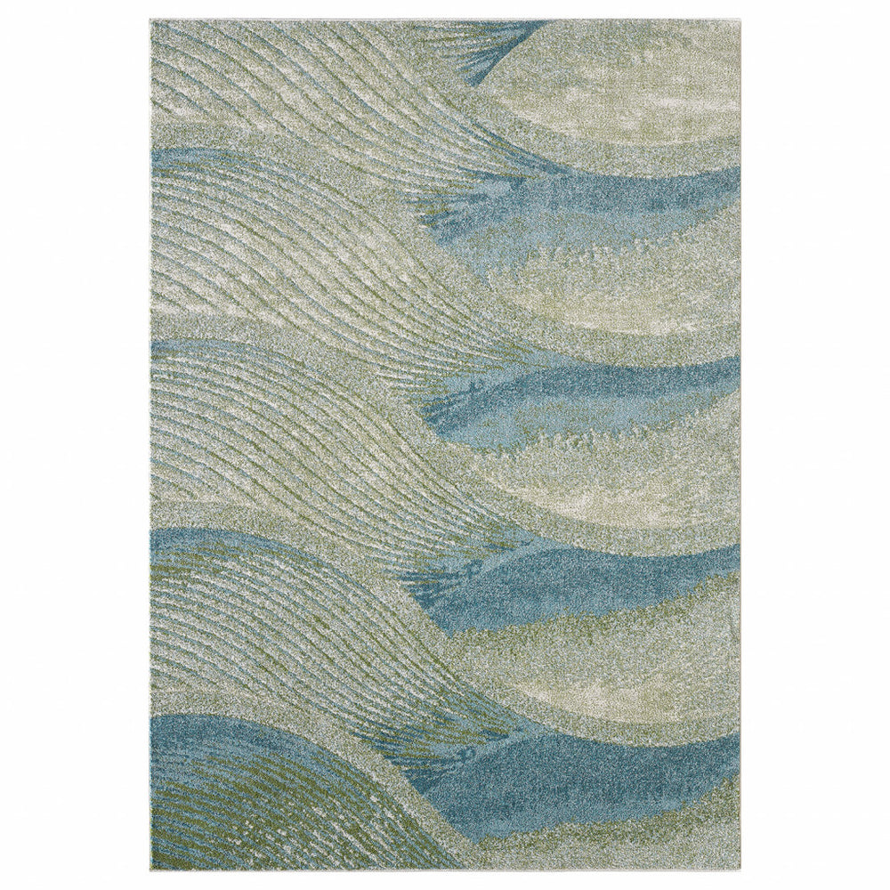 5' X 8' Blue and Beige Abstract Waves Area Rug - Homeroots