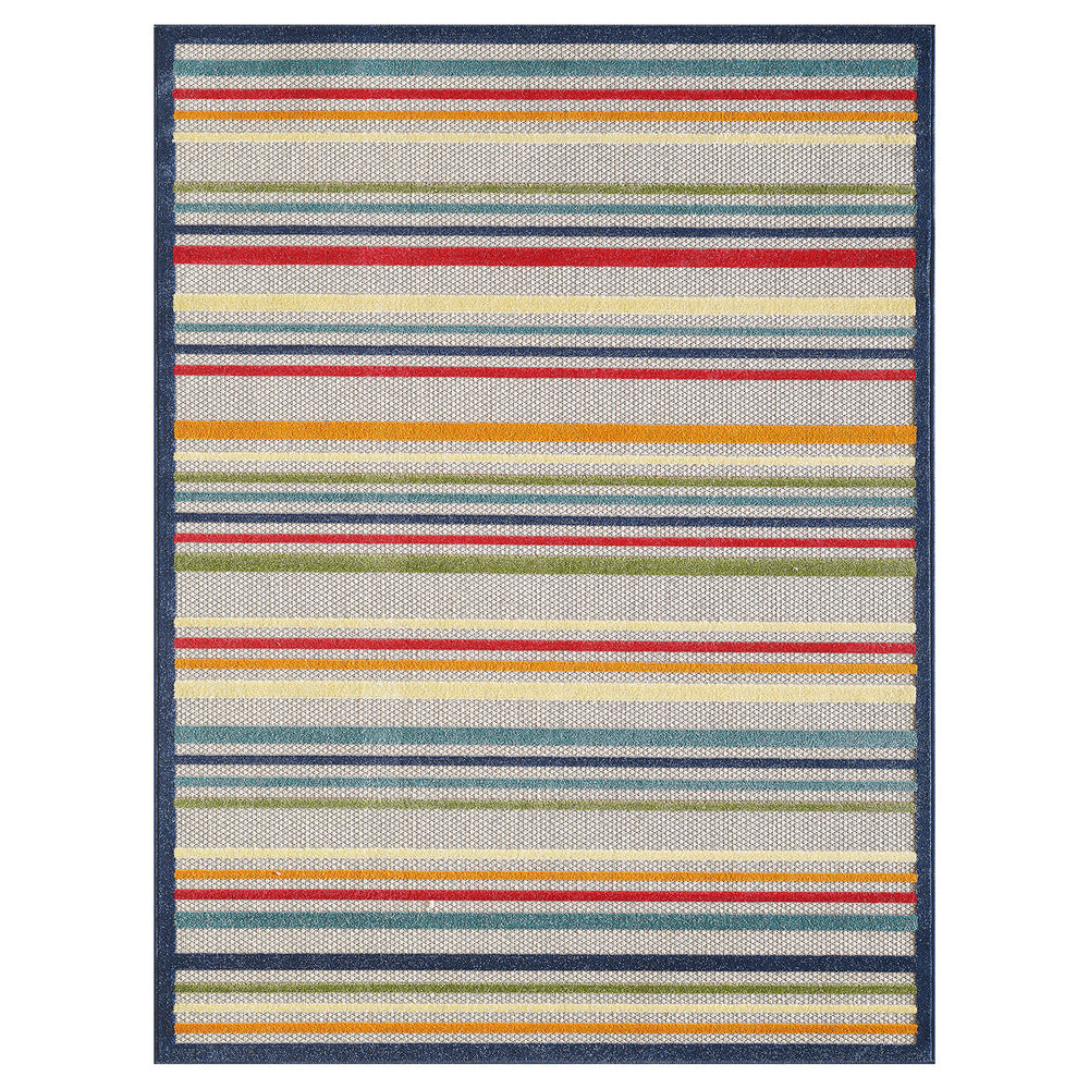 5' X 7' Ivory And Blue Striped Stain Resistant Indoor Outdoor Area Rug