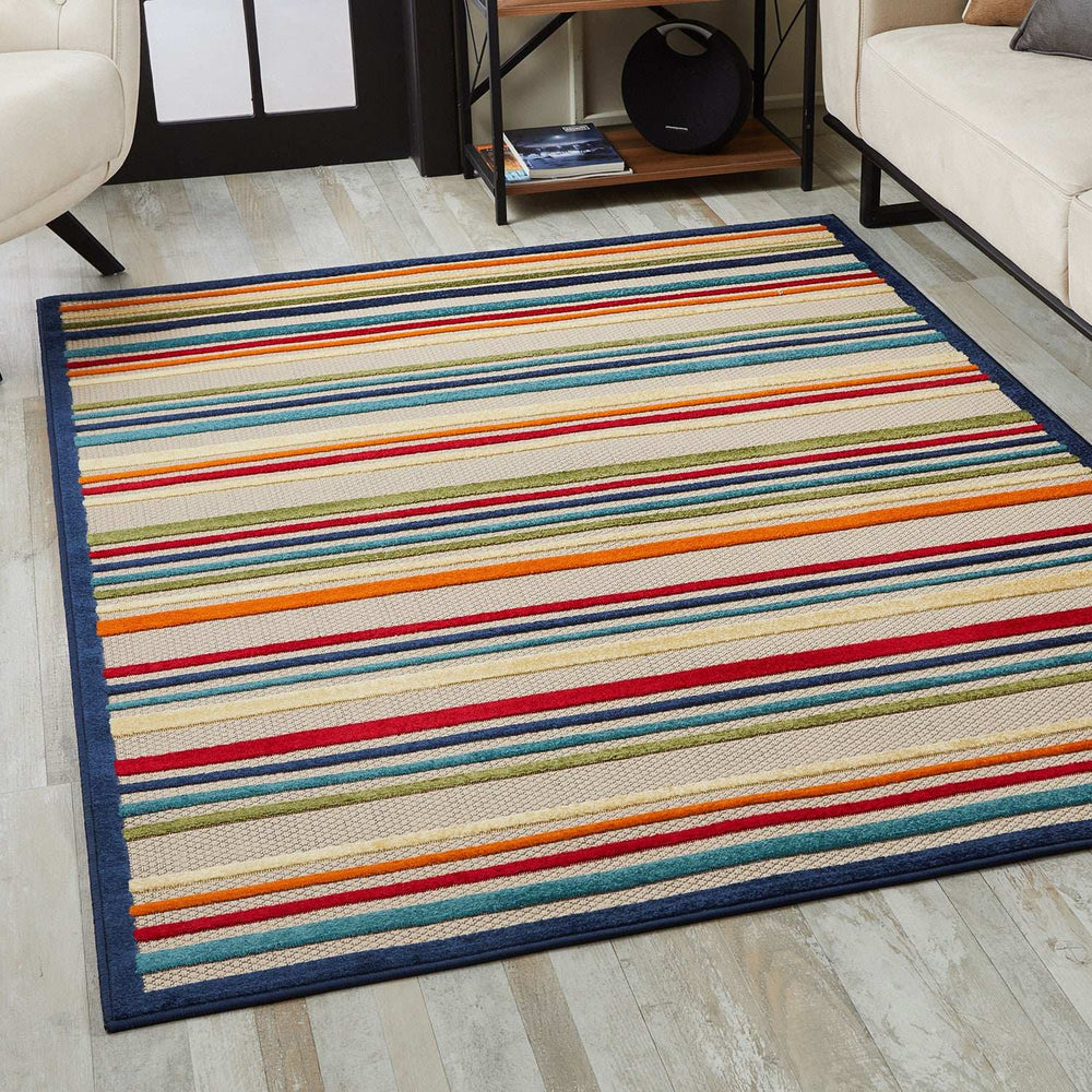 7' X 9' Ivory And Blue Striped Stain Resistant Indoor Outdoor Area Rug - Homeroots - Flyclothing LLC