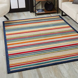 7' X 9' Ivory And Blue Striped Stain Resistant Indoor Outdoor Area Rug - Homeroots - Flyclothing LLC