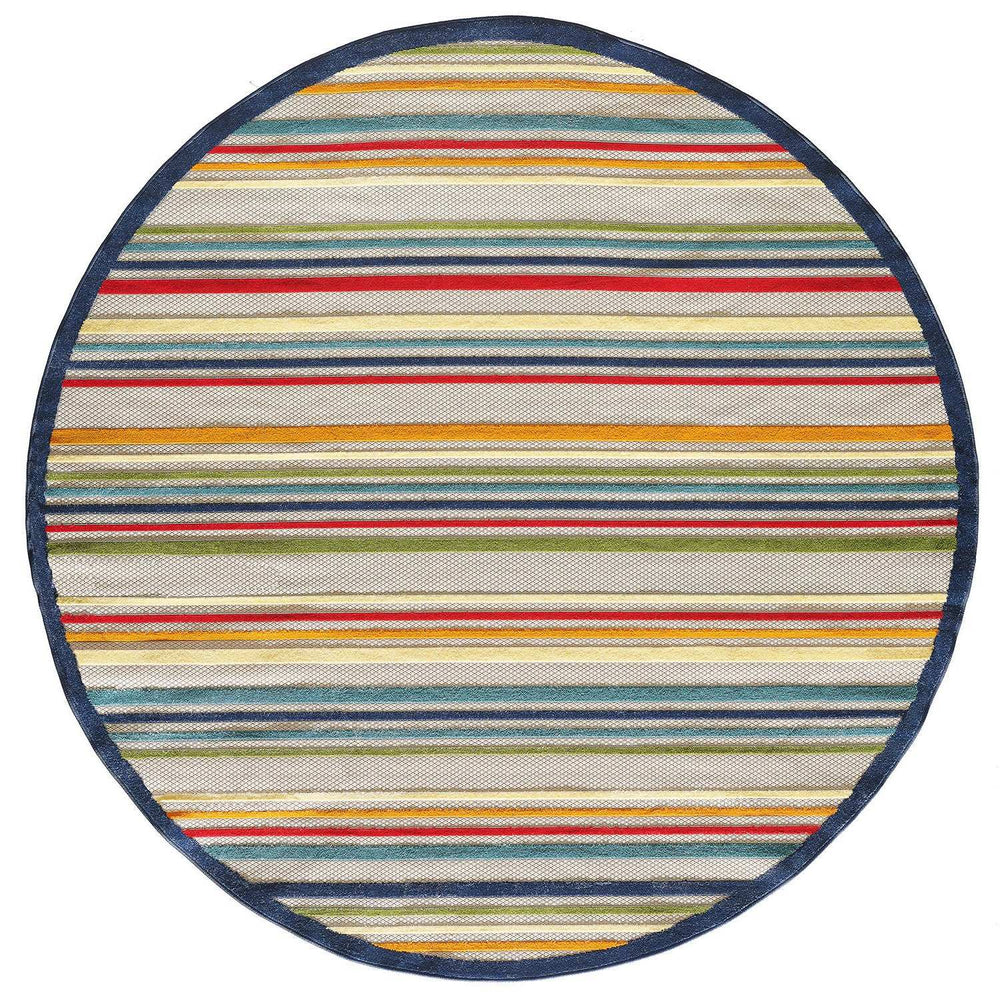 8' Round Ivory And Blue Round Striped Stain Resistant Indoor Outdoor Area Rug - Homeroots - Flyclothing LLC