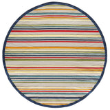8' Round Ivory And Blue Round Striped Stain Resistant Indoor Outdoor Area Rug
